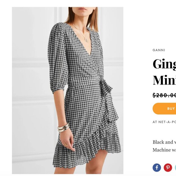 Ganni Black White Gingham Wrap Dress 36 V Neck Half Sleeve - Picture 1 of 7